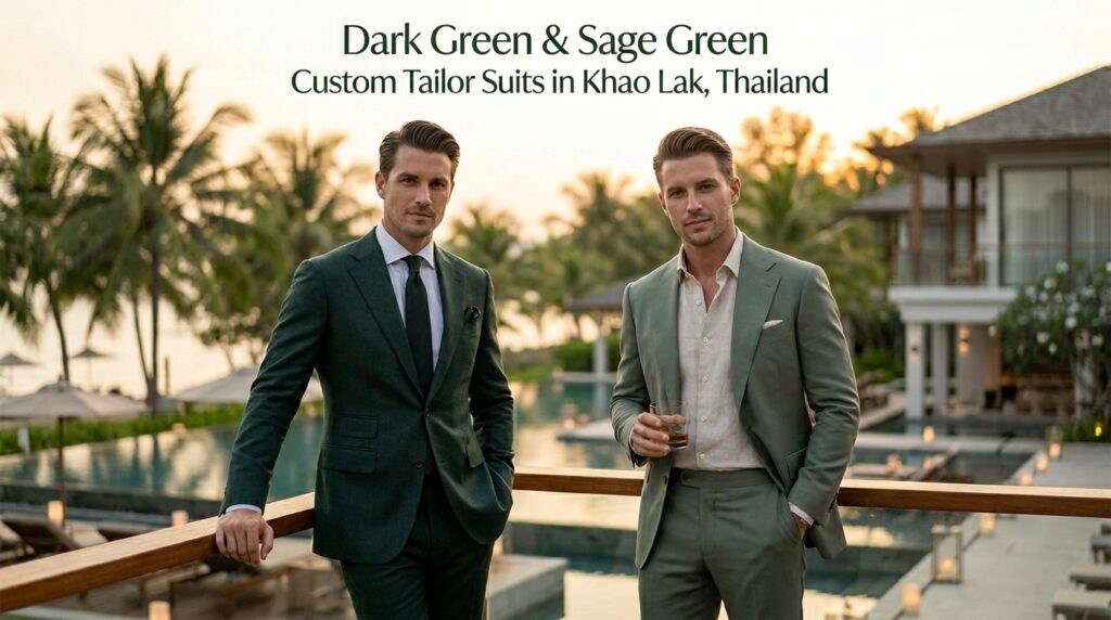 Dark Green & Sage Green Custom Tailor Suits in Khao Lak, Thailand